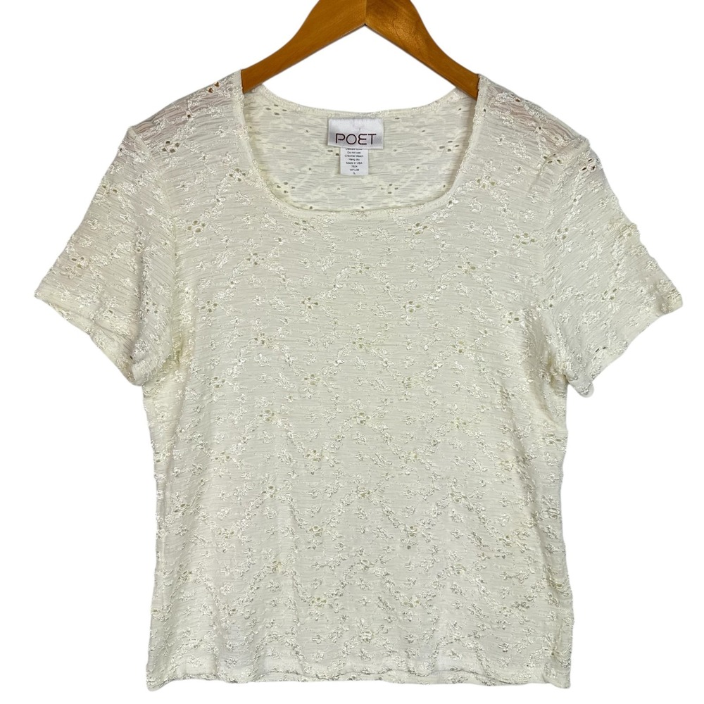 Vintage Y2K POET Embroidered Eyelet Lace Top Women's Large L Ivory Made In USA